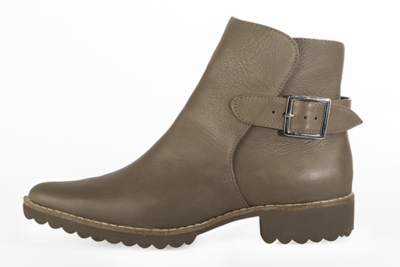 Women's taupe brown elegant ankle boots, with buckles at the back. Round toe. Thick rubber soles - Profile view
